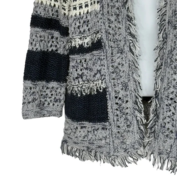 Chicos Blue White Textured Knit Fringe Boho Cottagecore Cardigan Small - Picture 7 of 13